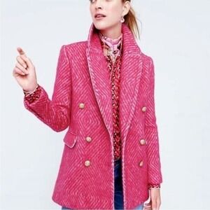 J. Crew Pink Diamond Tweed Coat Jacket blazer Gold Button herringbone Size‎ 0